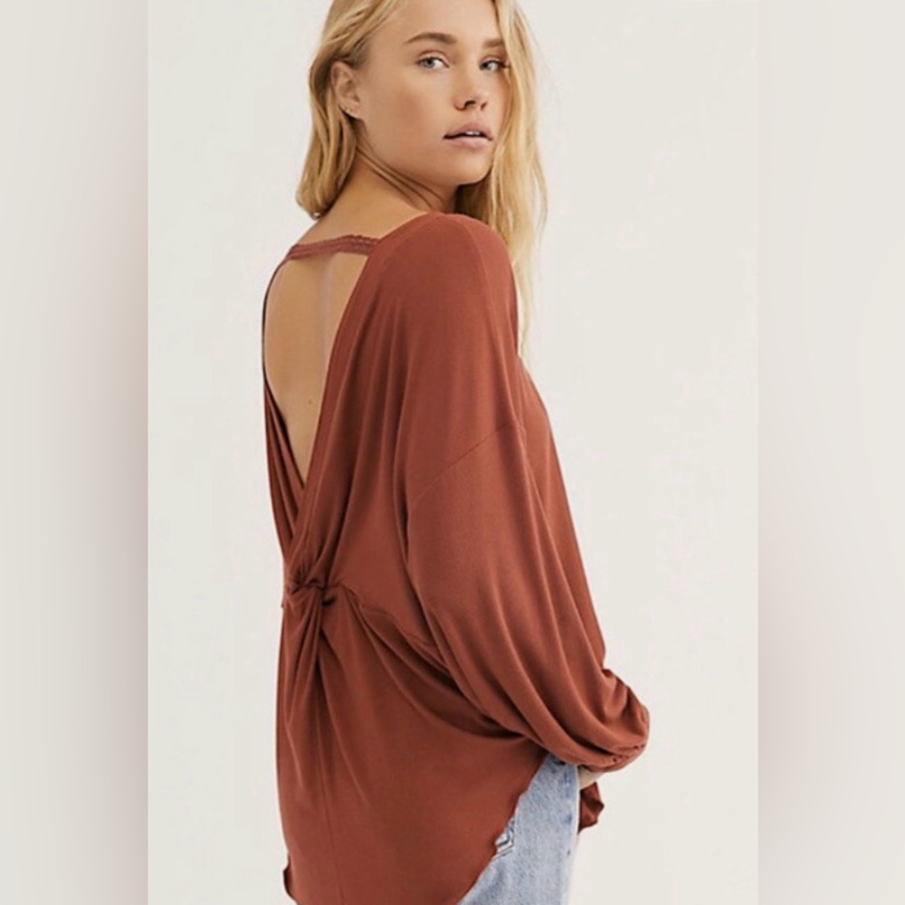 Free People Rust Open Back Shimmy Shake Long Sleeve Blouse Size‎ Sm